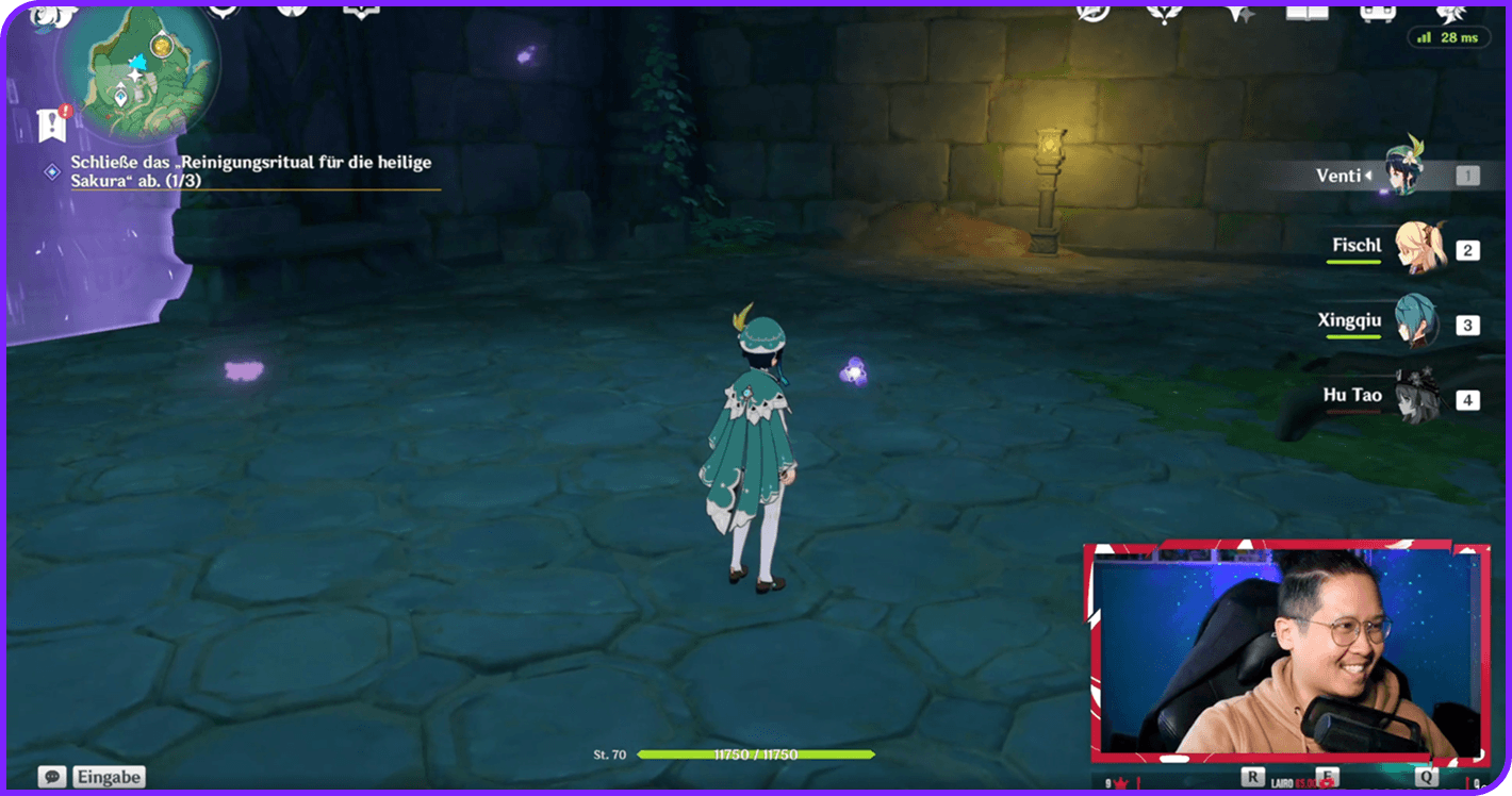 Streamer (Phokky) playing Genshin Impact, featuring the character Venti in an underground dungeon setting, with a live camera feed of the streamer smiling in the bottom right corner.